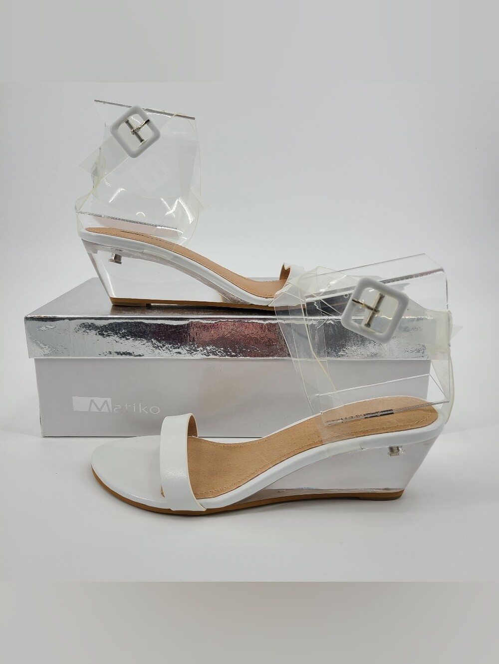 Matiko White Clear Wedge Sandals with Ankle Strap Size 5